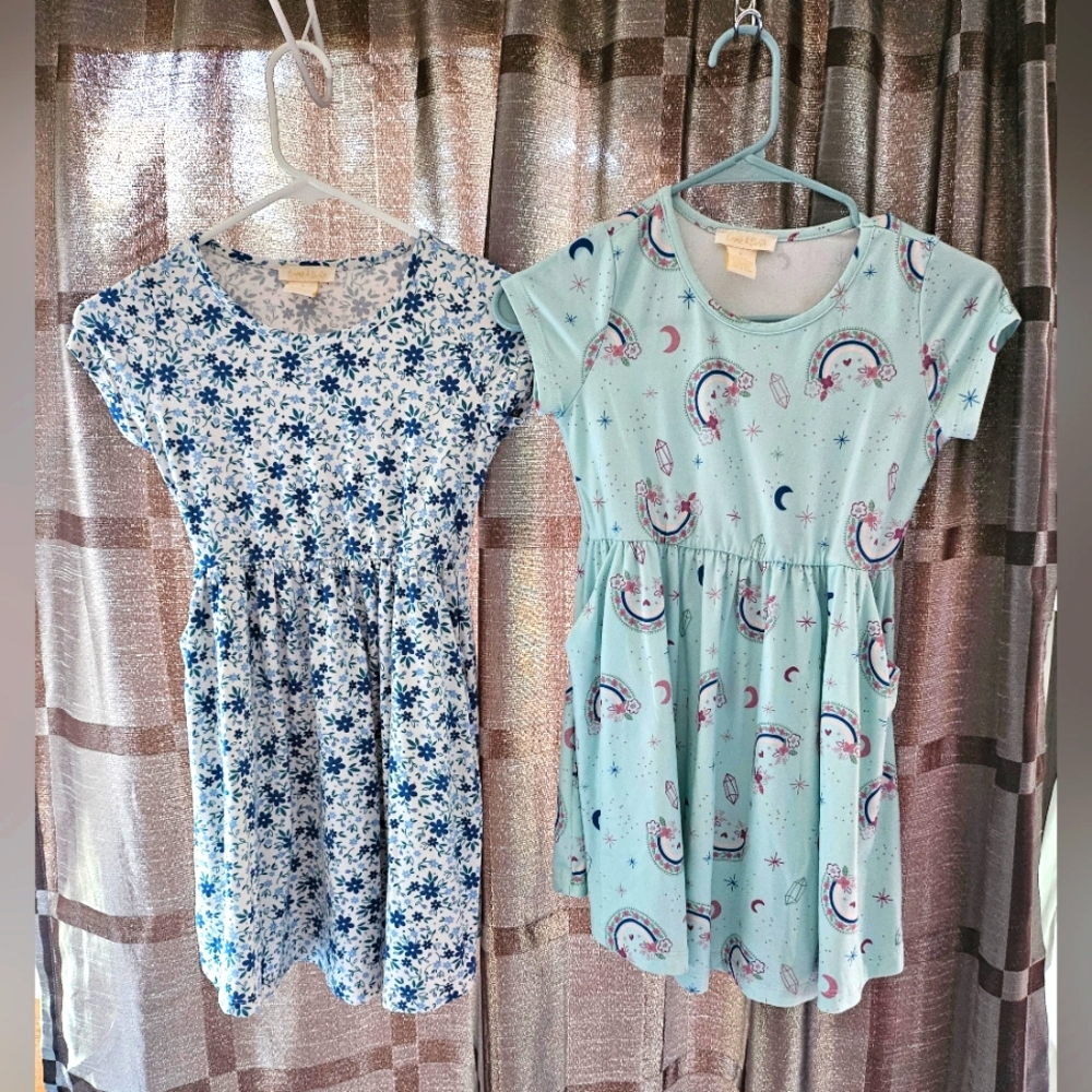 Emma & Elsa Dresses, 2 Pack, Pockets, Flowers, Rainbows, Blue, Green, Size 8